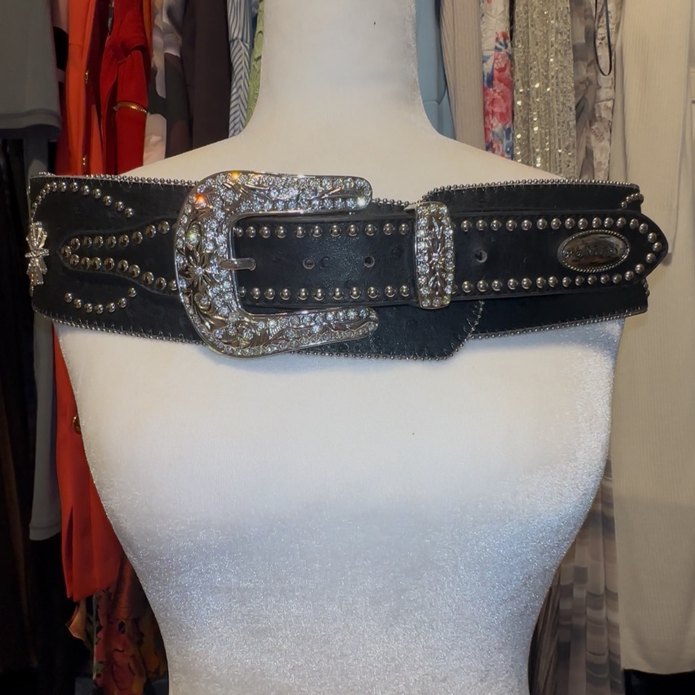 Studded Black Belt with Rhinestone Buckle